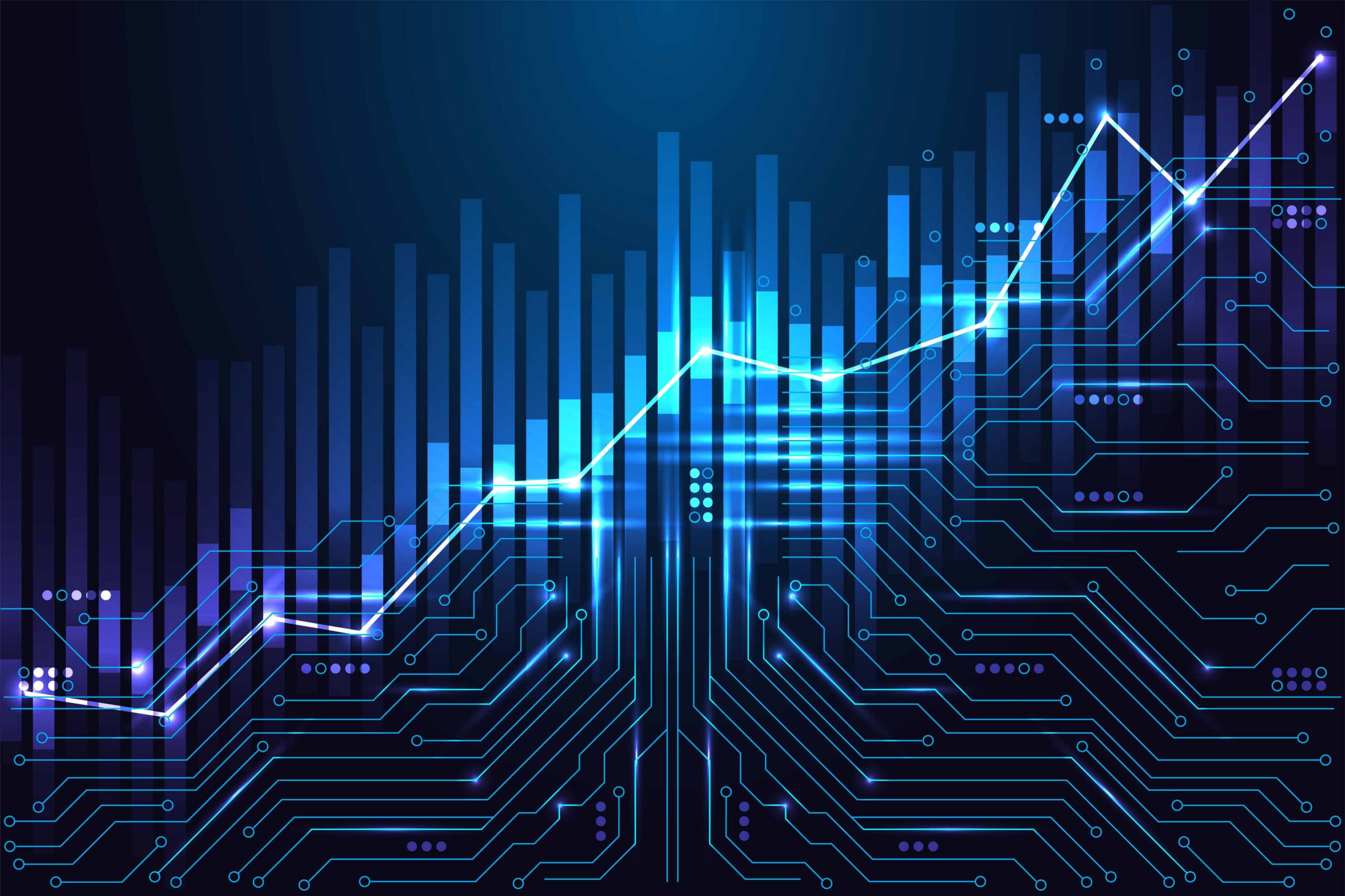 AI Financial Growth Chart over Digital Circuit Board. Data Economy and Future Market Technology AI finance and data-driven economy concept with glowing growth chart rising from a circuit board. Futuristic bars, analytics line, and neon cyber grid in blue vector illustration.