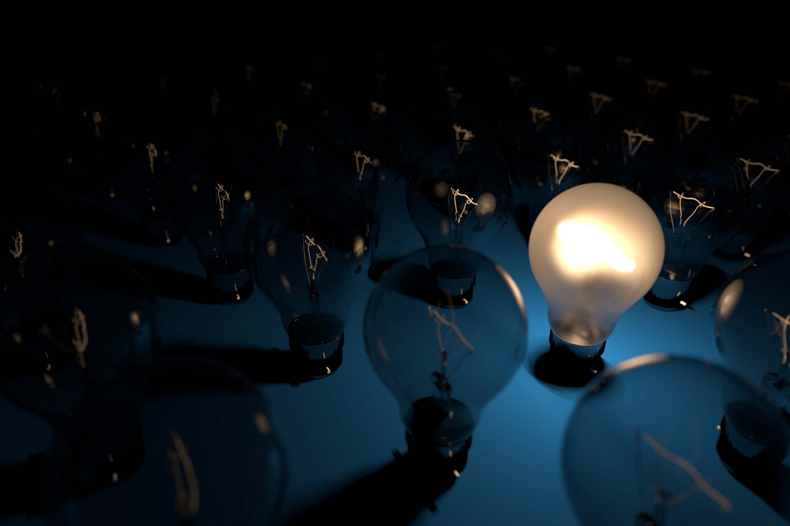 Lightbulb, 3D Illustration rendered. Group of countless bulbs and one of them is bright, 3D Render and illustration of lightbulb. Idea and business concept.